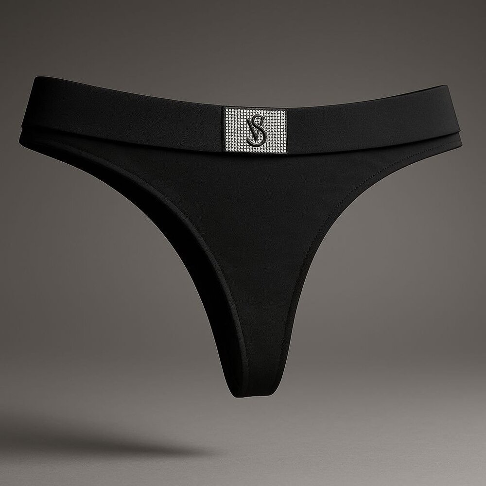 Victoria's Secret Shine Patch Thong Panty Womens Medium Black Rhinestone VS Logo